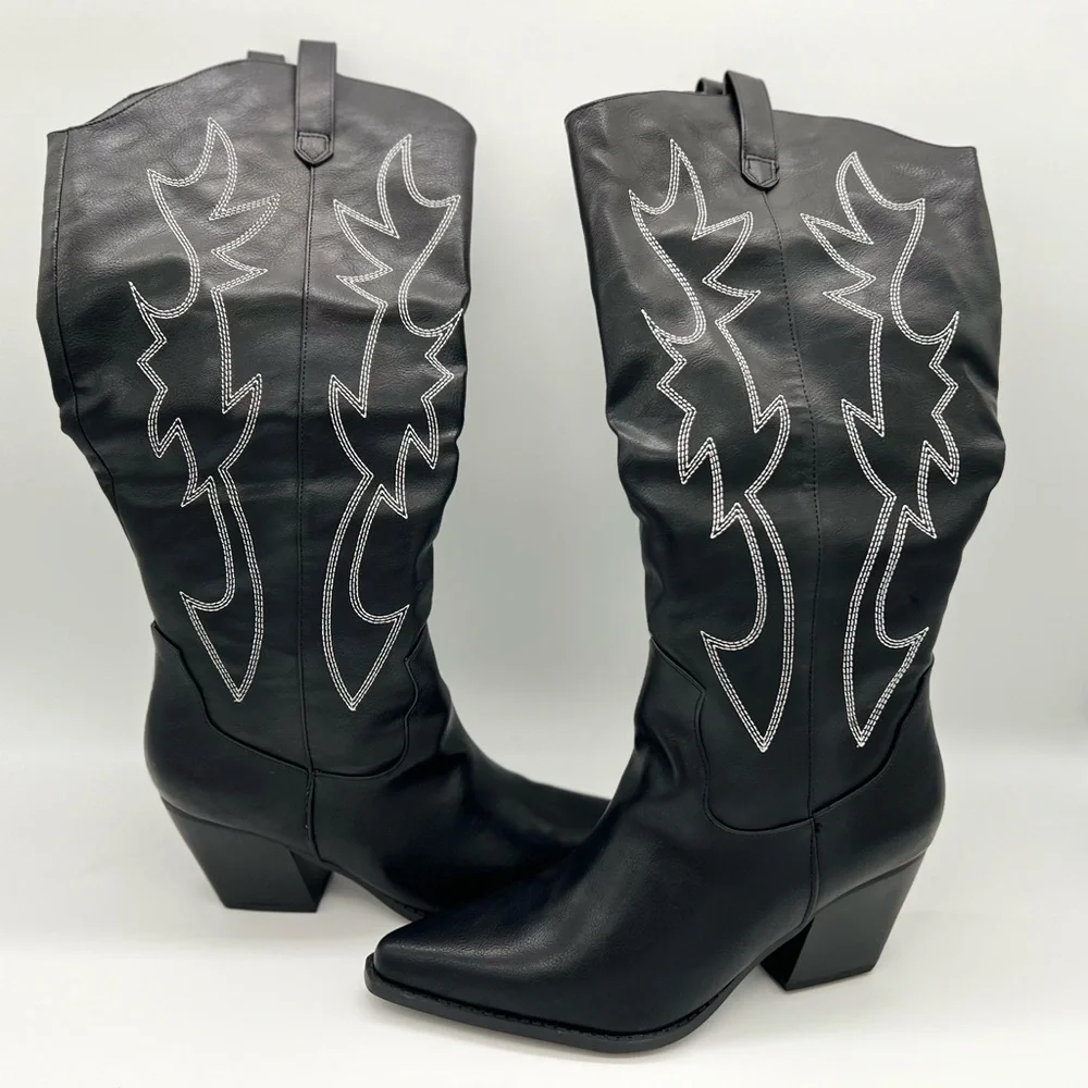 Mostrin Knee High Women's Embroidered Cowgirl Boots Black